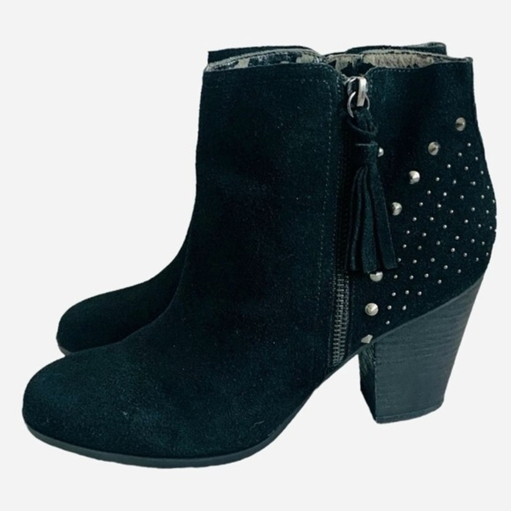 GUESS Black Suede Leather Ankle Boots Women’s 9.5 Spike Fringe Tassel - Picture 4 of 6